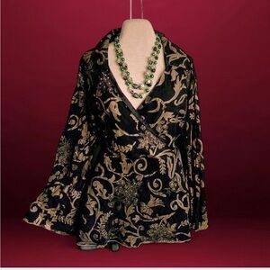 Ulla Popken Black and Gold A-Line Wrap Blouse